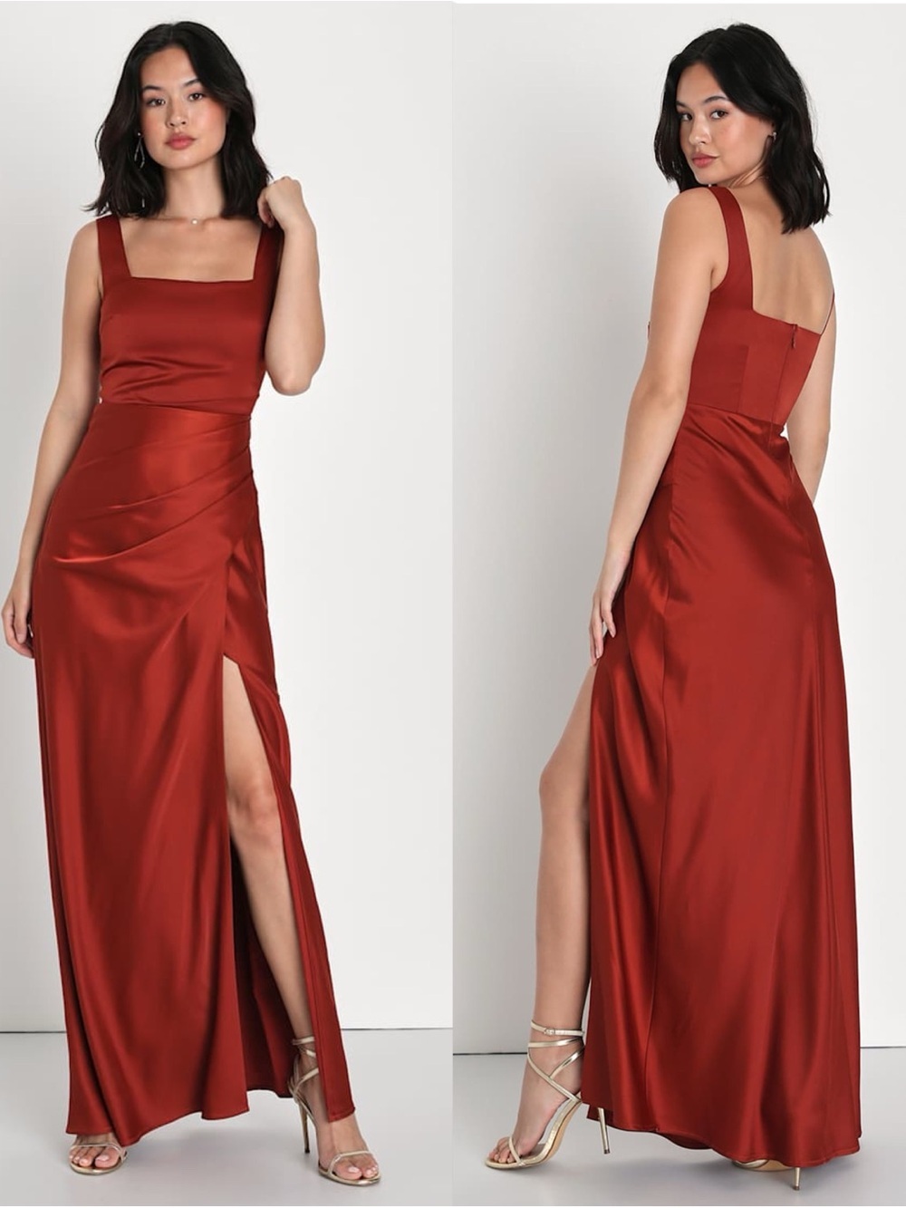 LULU'S Red Carpet Romance Rust Orange Satin Square Neck Maxi
Dress